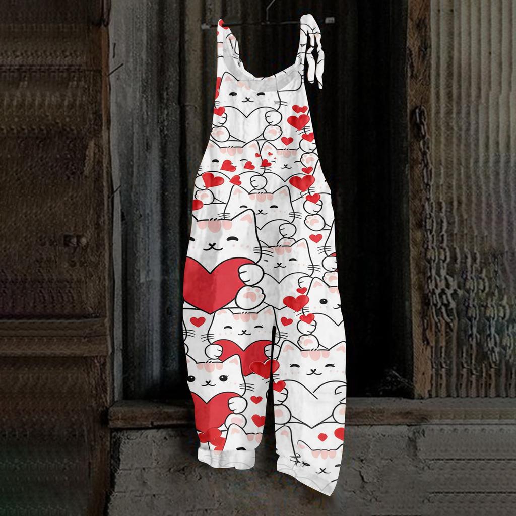 Damen Herzförmiger bedruckter lässiger lockerer Retro-Overall Baumwolle und Leinen Einteiler Hose