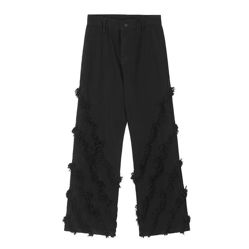 New American Style Men's Frayed Edge Jeans - High Street Trend, Straight Leg with Tassel Micro Flare