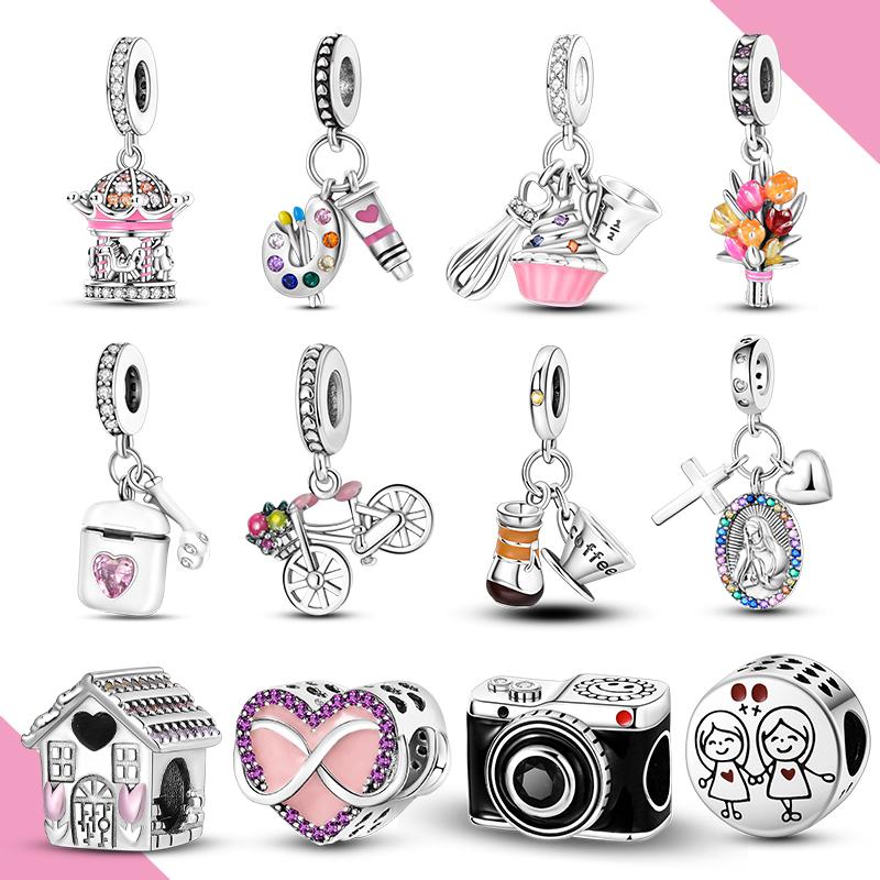 Charm Cámara Cruz Flor Cuentas de Cobre Colgante Ajuste Pulsera Collar Diy Para Mujer Joyería