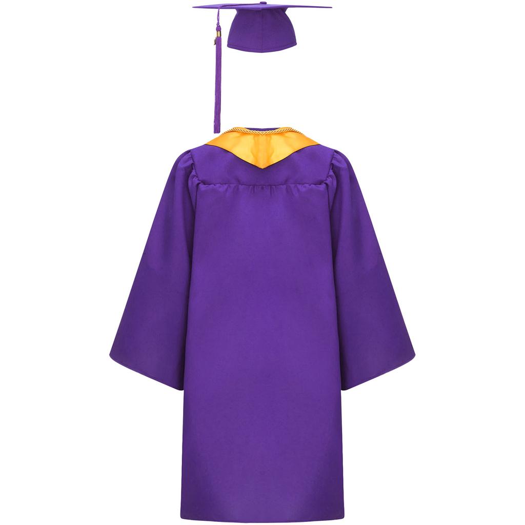 Unisex Kids Graduation Gown Set V Neck Long Sleeve Front Zipper Robe Academic Hat Stole Tassel Ceremony Outfit