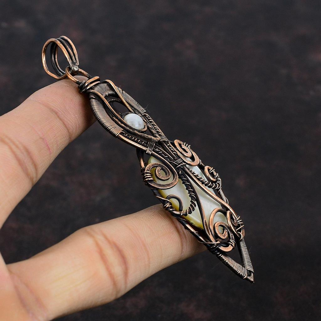 Mother Of Pearl Pendant Copper Wire Wrapped Gemstone Pendant Handmade Copper Wire Jewelry Rainbow Moonstone Pendant Unique Jewelry For Gift