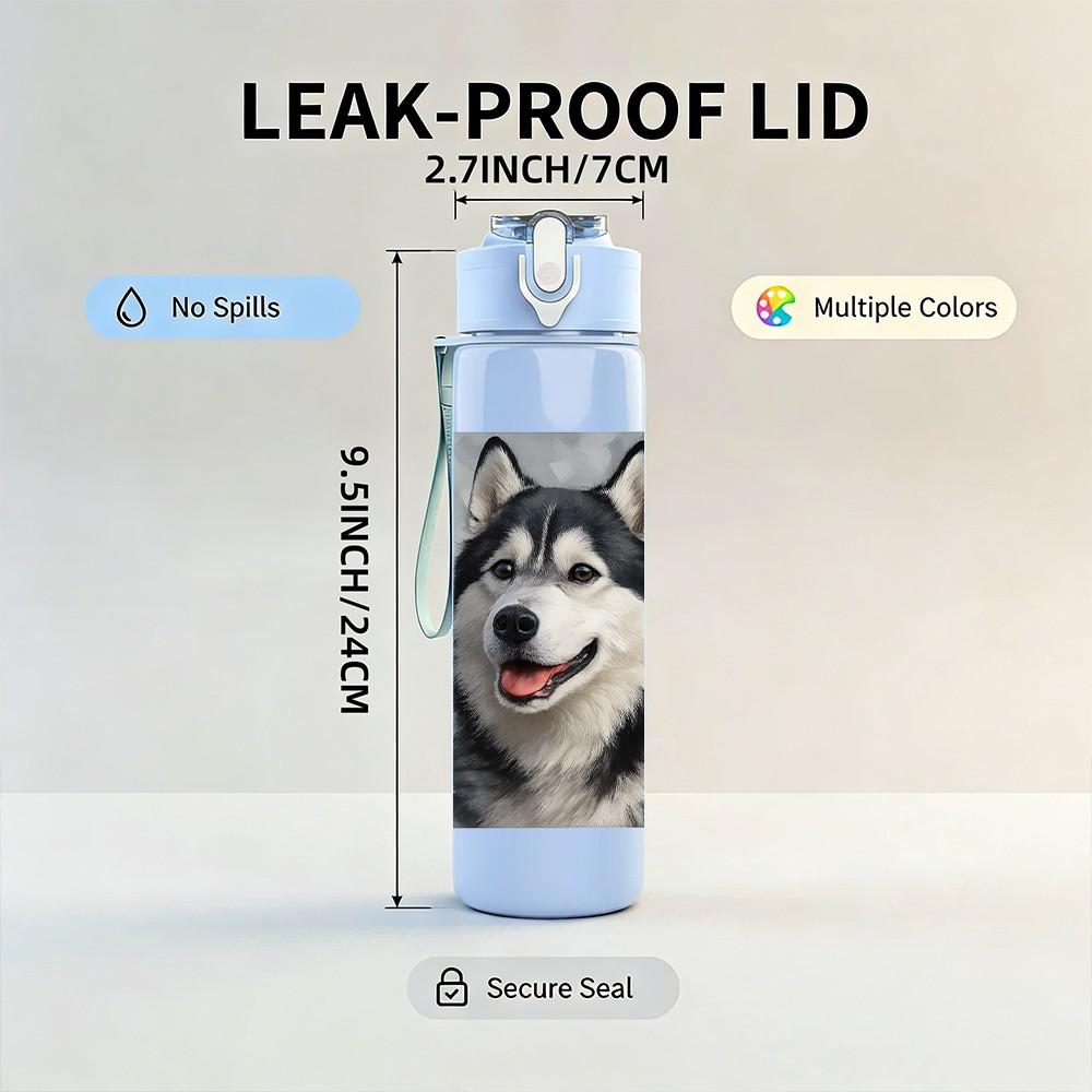 1PC Husky Dog Pet Animal Portrait Print 750ml Color Plastic Sports Water Bottle Leakproof Flip Straw Lid Suitable for Sports Office Home Use