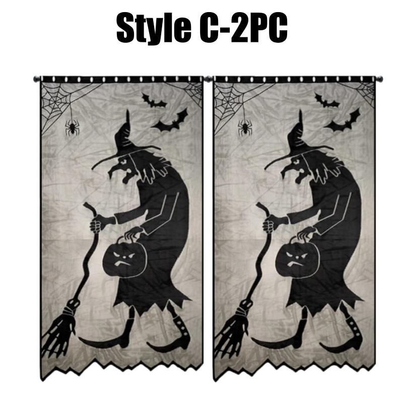 Haunted House Spider Web Curtains Bat Motif Black Lace Gothic Door Window Panel Scary Halloween Seasonal Decoration Drapery