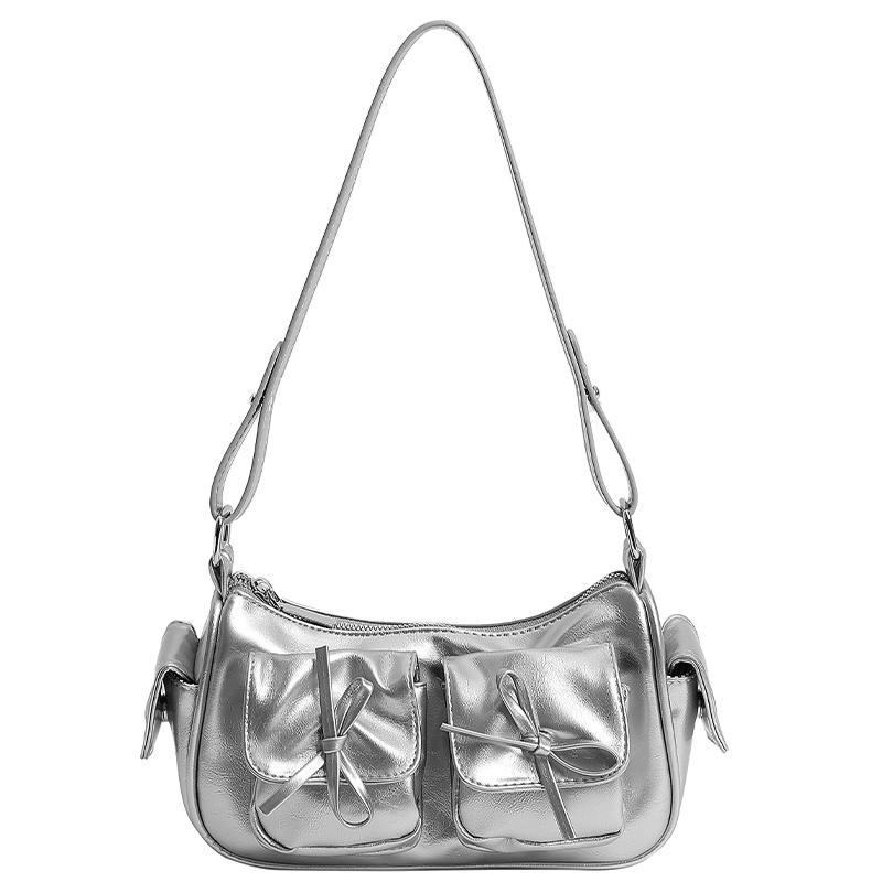 

Fashion bow underarm bag women s summer new casual versatile locomotive bag single shoulder hand bag серебряный