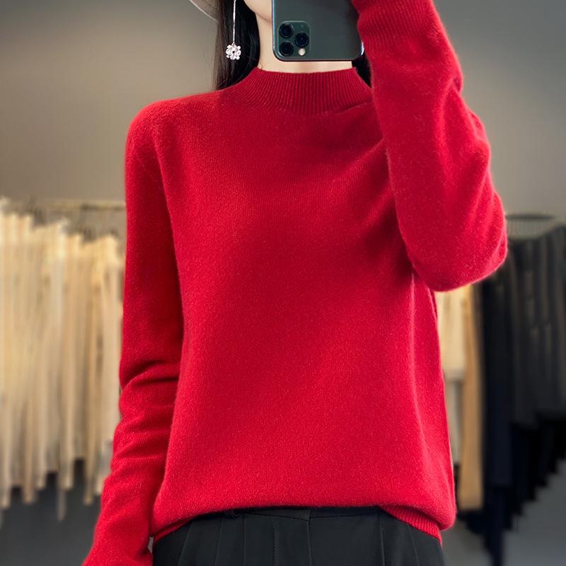 Women's Seamless Wool Sweater: Autumn/Winter Half-High Neck, Loose Fit, Knitted Base Layer