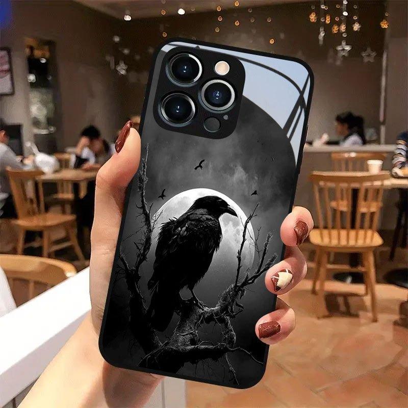 Night Raven Bright Moon Pattern Tempered Glass Phone Case For iPhone 17 16 15 14 13 12 11 Pro Max 17 Air 7 8 Plus XR XS X Cover