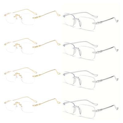 8PCS Elegant Rimless Reading Eyeglasses for Male and Female Rectangular Frames Shape with Anti-Blue Lightweight Polycarbonate Lens
