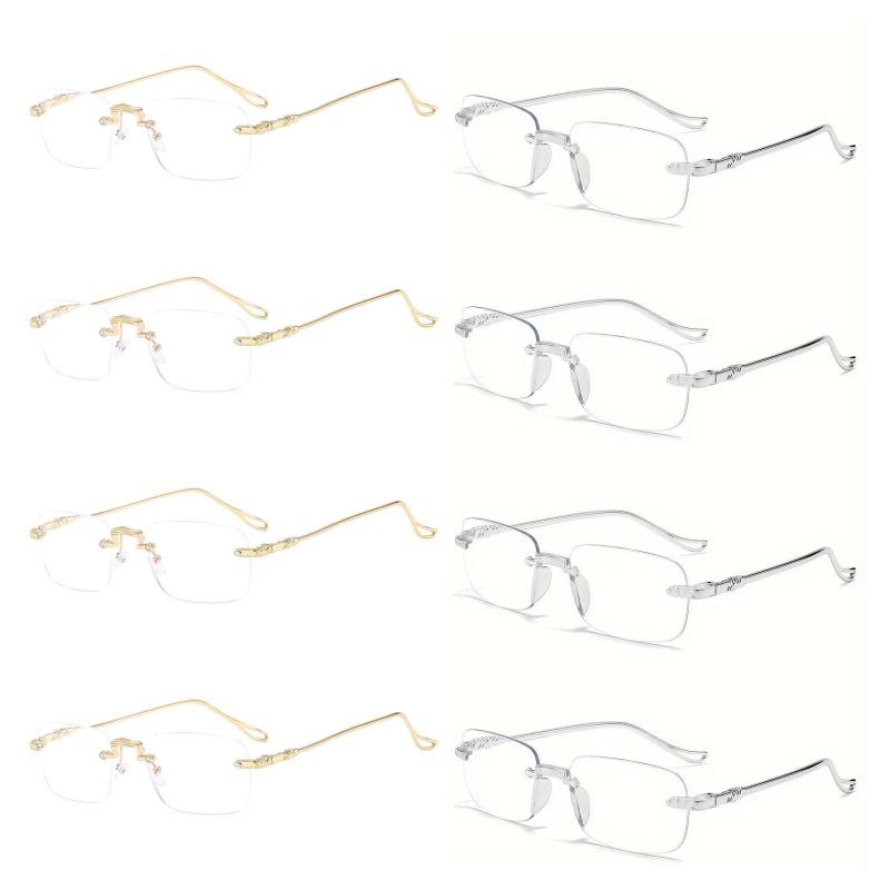 8PCS Elegant Rimless Reading Glasses for Men and Women Rectangular Frame Shape with Anti-Blue Light Polycarbonate Lenses