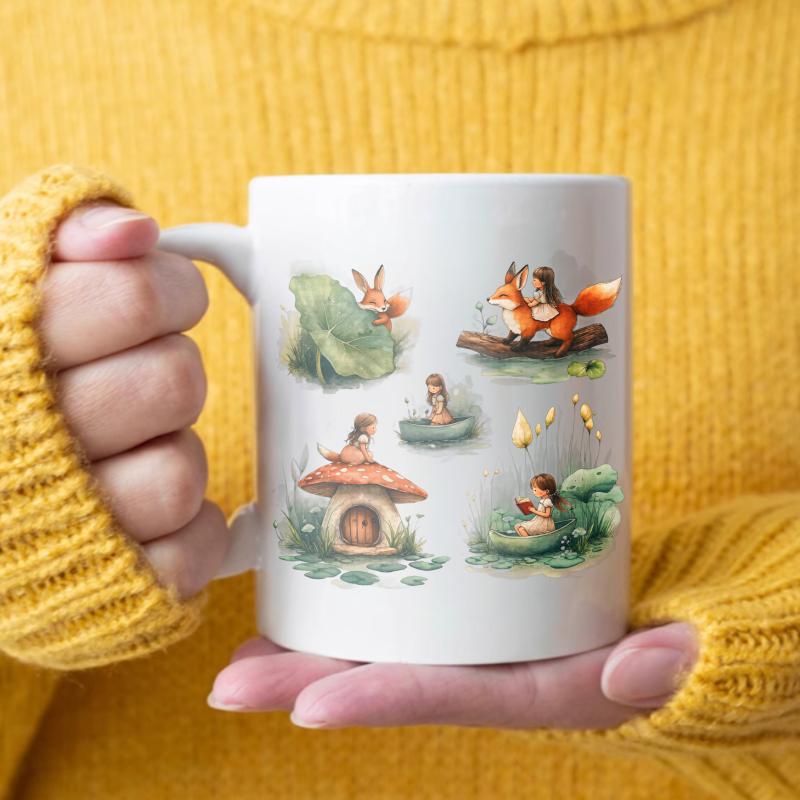 Ceramic mug, white forest animal and mushroom house design, suitable for coffee, tea and daily use белый