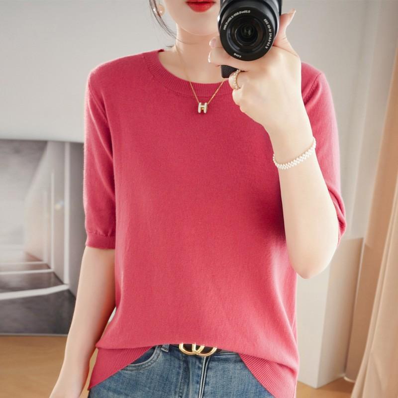 

Spring Autumn Women s T-shirt Knitted Shirt Short Sleeve Round Neck Pullover Knitted Undershirt Half Sleeve Sweater XXL малиновый