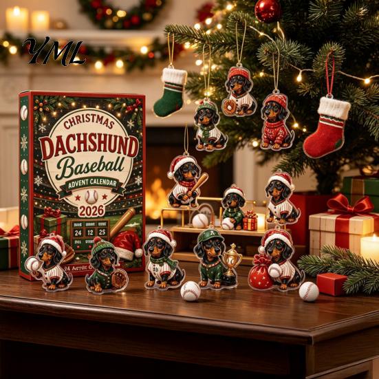 Dog Lover Holiday Advent Gifts 2026 Dachshund Calendar, 24 Days Acrylic Baseball Figures Theme Party Supplies Christmas Countdown Collectible Cartoon