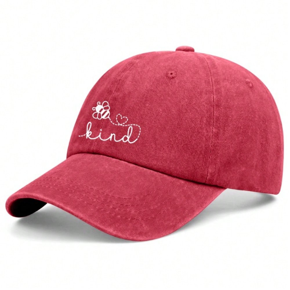 [Cute Bee Baseball Cap] Inspirational "Kind" Letter Print Polyester Adjustable Breathable Casual Outdoor Sports Dad Hat For Women Men