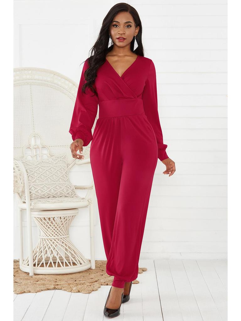 V-Ausschnitt Laternenärmel Weites Bein Jumpsuit für Damen - Herbst/Winter Mode