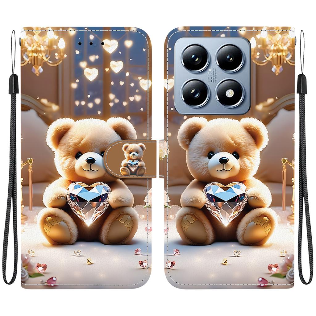 Handmade PU Leather Flip Case for Xiaomi 14T / Xiaomi 14T Pro Anti-Slip Shockproof Cover with Wrist Strap & Heart/Rose Cat Designs