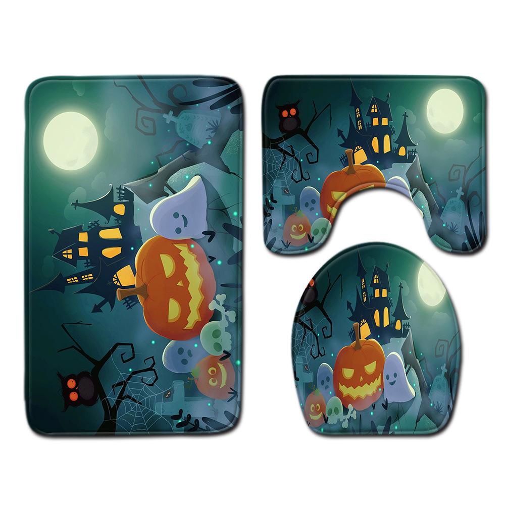 Halloween Shower Curtain Floor Mat Combination Four-Piece Set Bathroom Toilet Carpet Shower Room Foot Mat