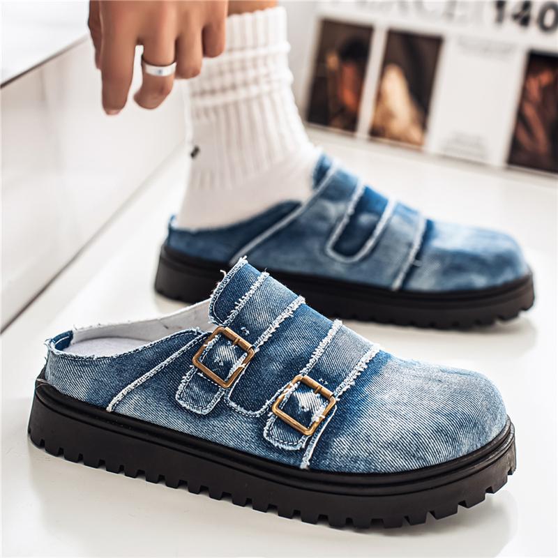 Denim Mules Man Slip On Flats Half Shoes for Men Open-back Loafers Flat Sneakers Backless Casual Shoes Summer Slide Sandals 2026