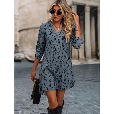 Frühlings- und Sommerkleid für Damen, schlankes Leoparden-Mode-Stehkragen-Langarmkleid