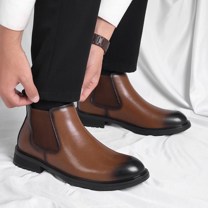 Fashion Vintage Chelsea Mens Ankle Boots Elevator Leather British Style Street Style Male Platform Chelsea Boots Slip On Motocross Boots