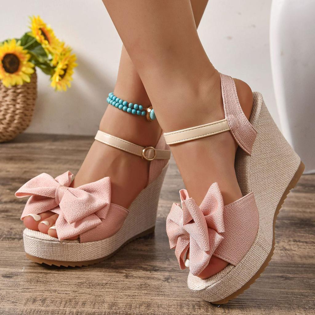 Comemore Women Sandals Bow Wedges High Heels Sandals Women New Peep Toe Platform Sandal Casual Party Daily Woman Shoes