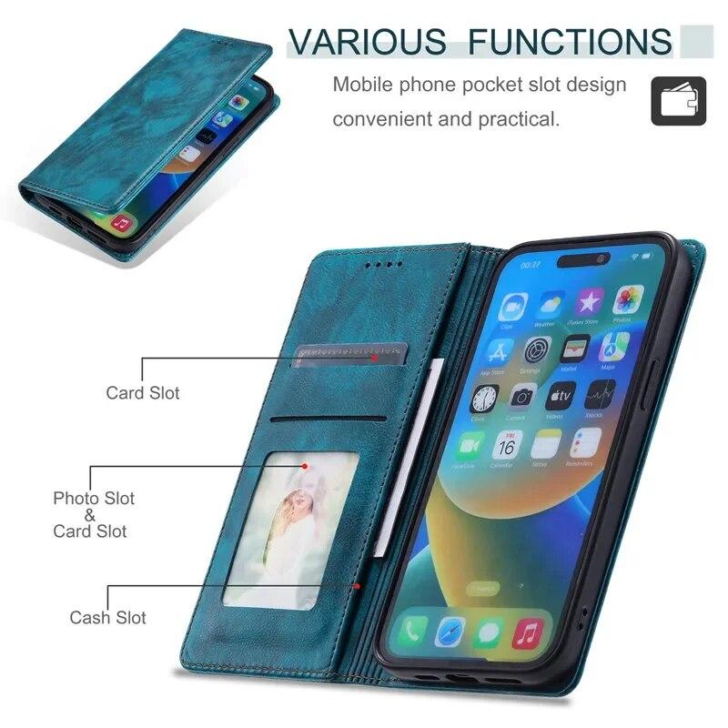 Leather Wallet Card Phone Case for iPhone 15 Pro Max 14 Plus 13 12 Mini 11 For Samsung Galaxy S23 Ultra S22 S21 S20 FE A54 A34 A14 A73 A53 Flip Cover