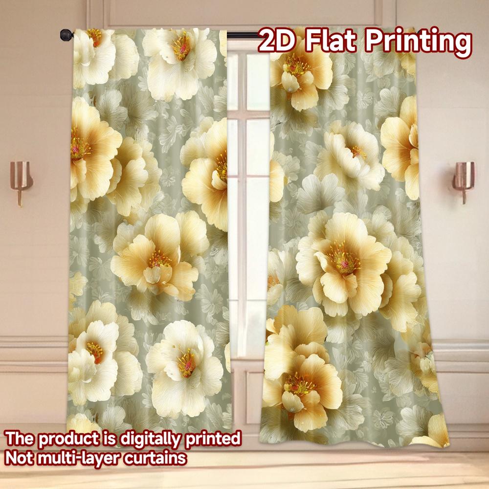Set Of 2 Flat Printing Curtains Without Rod Floral Peonies Gray New Year Holiday Fabric Curtain Polyester Machine Washable