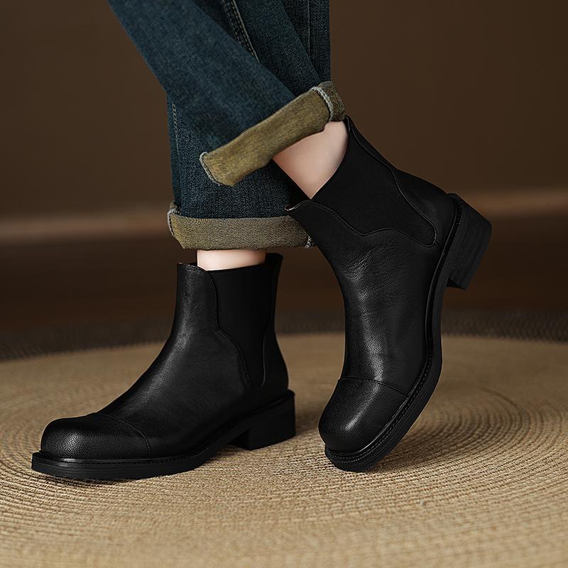 Fashion 2025 New Genuine Leather Retro Boots Women Round Toe Chunky Low Heels Elastic Band Ankle Boots Autumn Western Boots Lady Shoes
