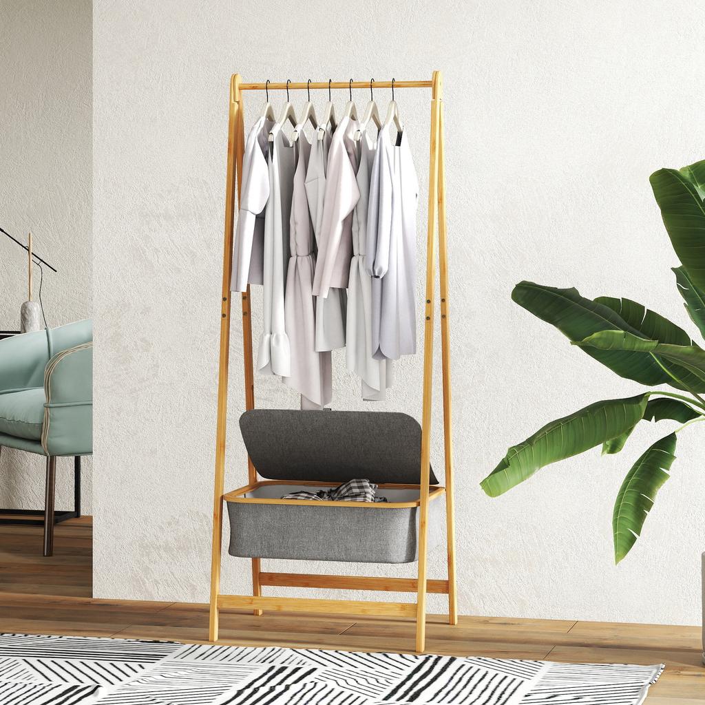 Folding Bamboo Clothes Rack with Fabric Basket with Lid for Hallway Entrance Bedroom 60x44.5x157.5 cm Grey