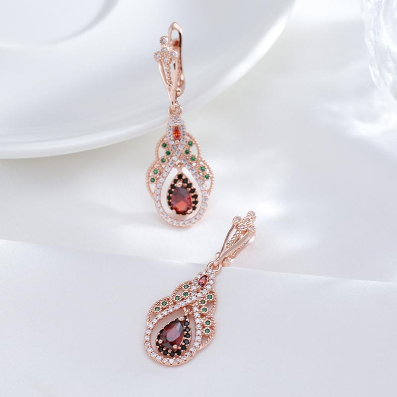 New  Rose Gold Color Drop Earrings For Women Crystal Flower Red Natural Zircon Earrings For Women Vintage Jewelry