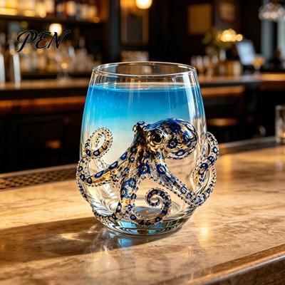 Elegantes Ozeanglas mit Goldrand, 12oz Tintenfisch-Wasserbecher, Geprägtes Design, Handbemalter Meeresstil, Anspruchsvolles Küsten-Trinkgeschirr, Zum Trinken für Liebhaber