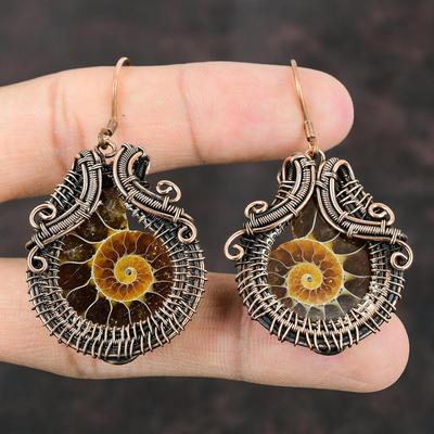 Ammonite Fossil Copper Earring Copper Wire Wrapped Earring Gemstone Copper Jewelry Handmade Earring Gift For Mom Ammonite Fossil Jewelry