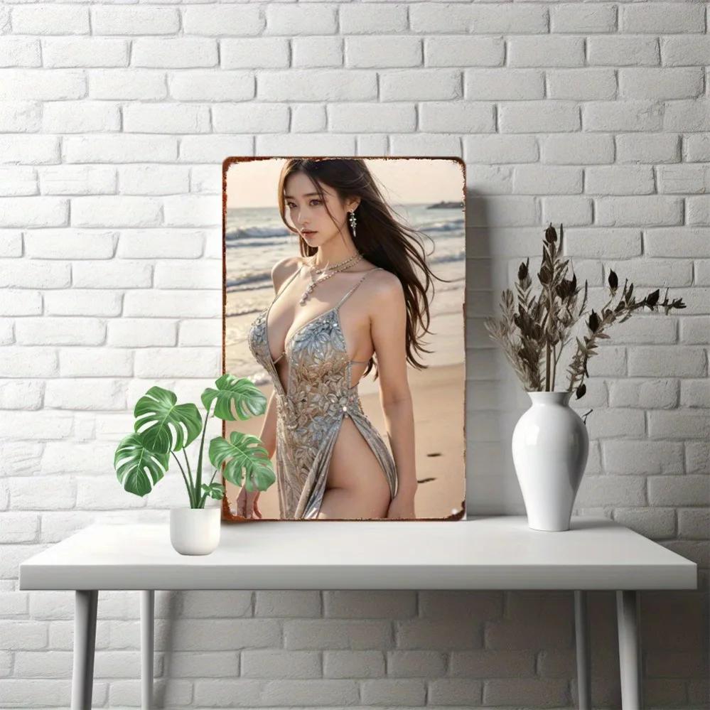 Anime Girl Metal Wall Art 8x12 Inch Retro Beach Decor Floral Swimsuit Home