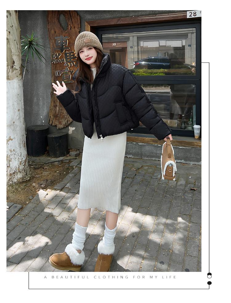 Women’s Short Stand Collar Houndstooth Windproof Thicken Warm Winter Jacket