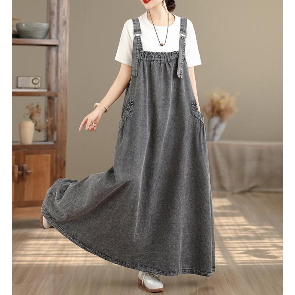 Vestito Salopette in Denim Lavato Retrò da Donna Vestibilità Larga Lungo Maxi Linea ad A Casual Tuta Vestito