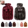 Reusable Hot Water Bag 2L Bottle with Plush Cover, Pompom Drawstring Bag, Winter Warm for Hands, Feet, Stomach Lightweight