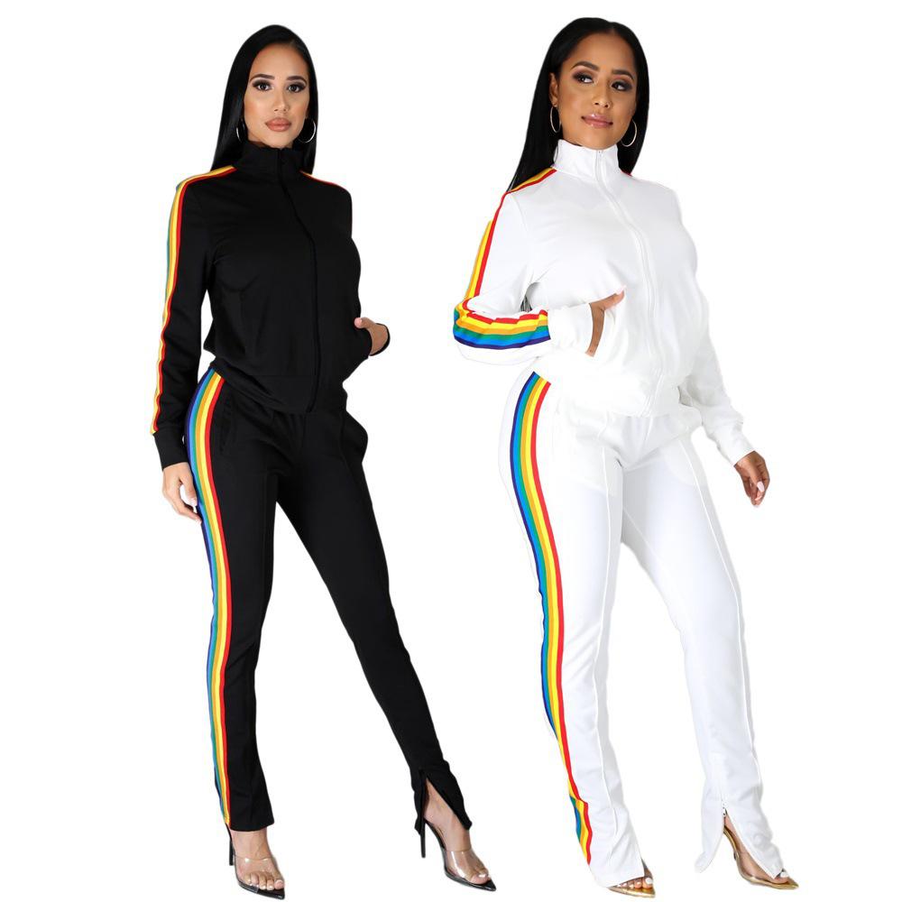 

European & American Color Block Women s Casual Two-Piece Set Large белый
