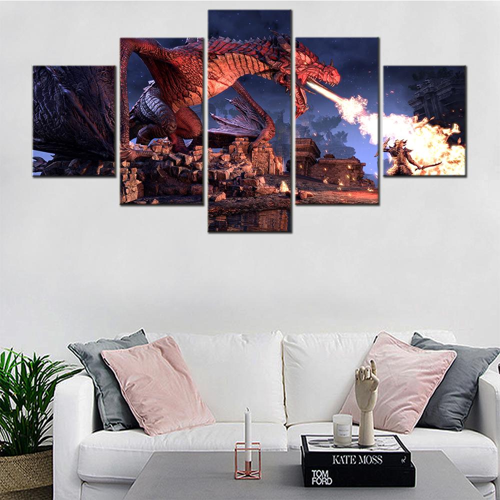 Canvas Painting 5 Piece Anime Castle Dragon Breathing Fire Posters Printing Art Decorative Modern Living Room Wall Pictures No Frame