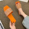 Flat bottom one-word drag 2025 summer new square head rhinestone slippers women's large size foreign trade women's shoes