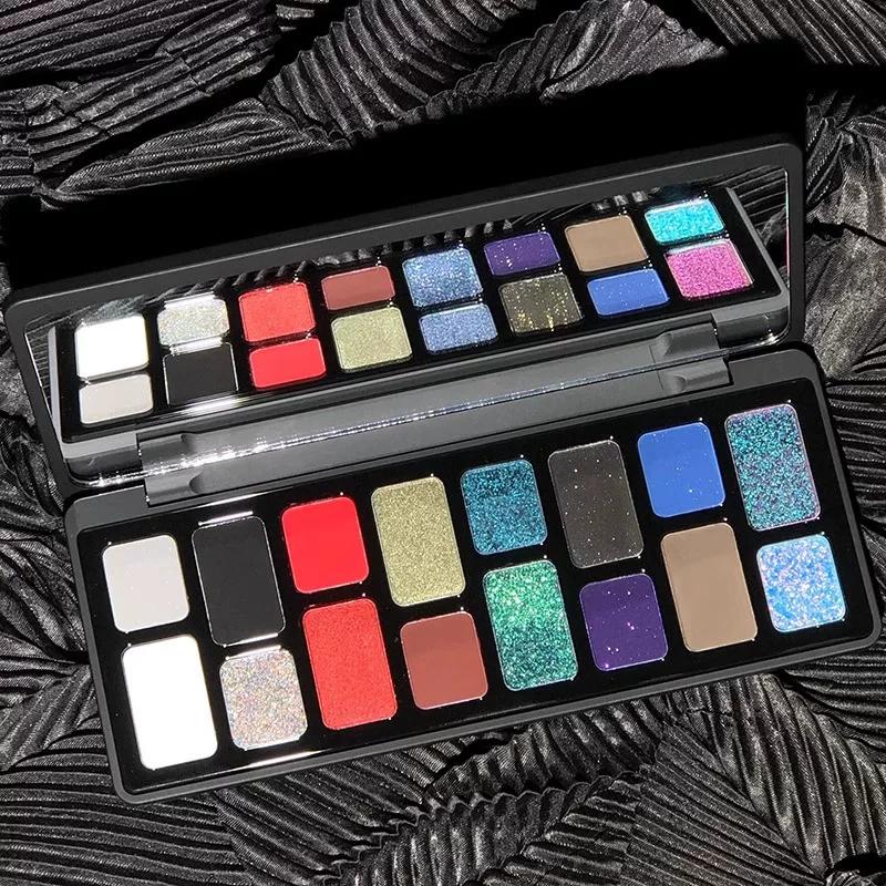 16-Color Eyeshadow Palette with Pearlescent Glitter, Glassy Crushed Diamonds, Cosplay Makeup, Dazzling Shimmer, Smoky Chameleon Stage Look