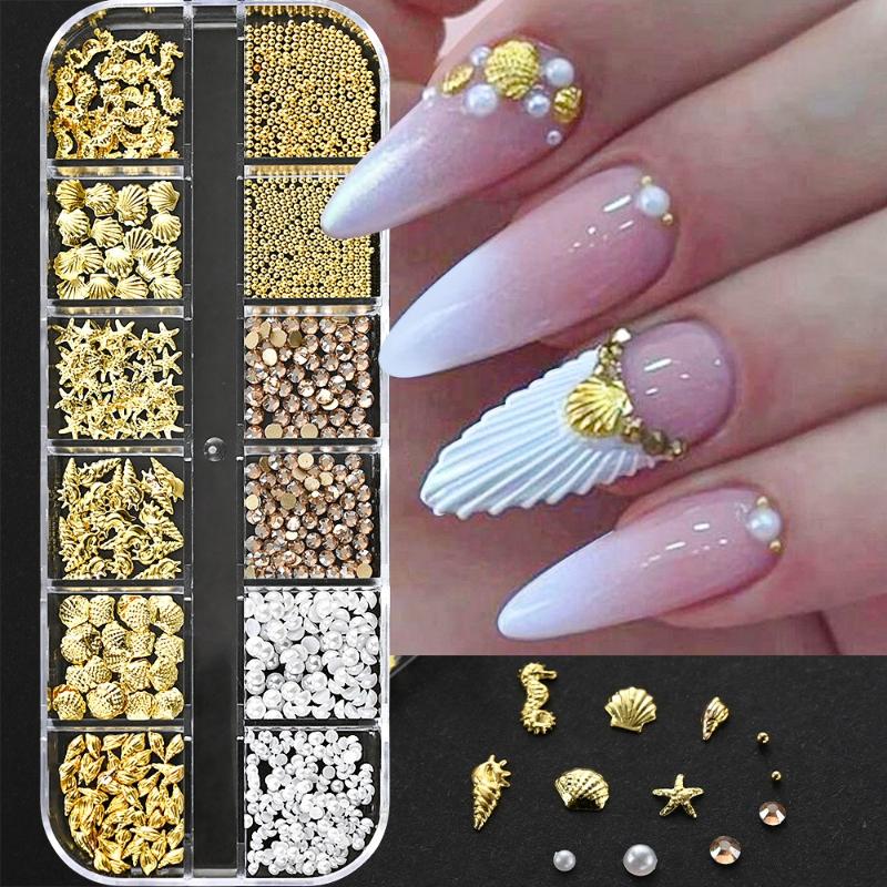 

BEPAN 12Pcs Box Set of Pearl Flower Resin Nail Art Accessories Flat-Back Rhinestones Half-Circle Nail Decals and Small Accessories
