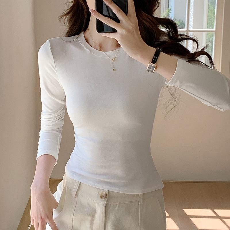 Round Neck Slim Cropped Long Sleeve Basic T-Shirt Soft Stretchy Solid Color Women Versatile Layering Top Available In White Beige Gray