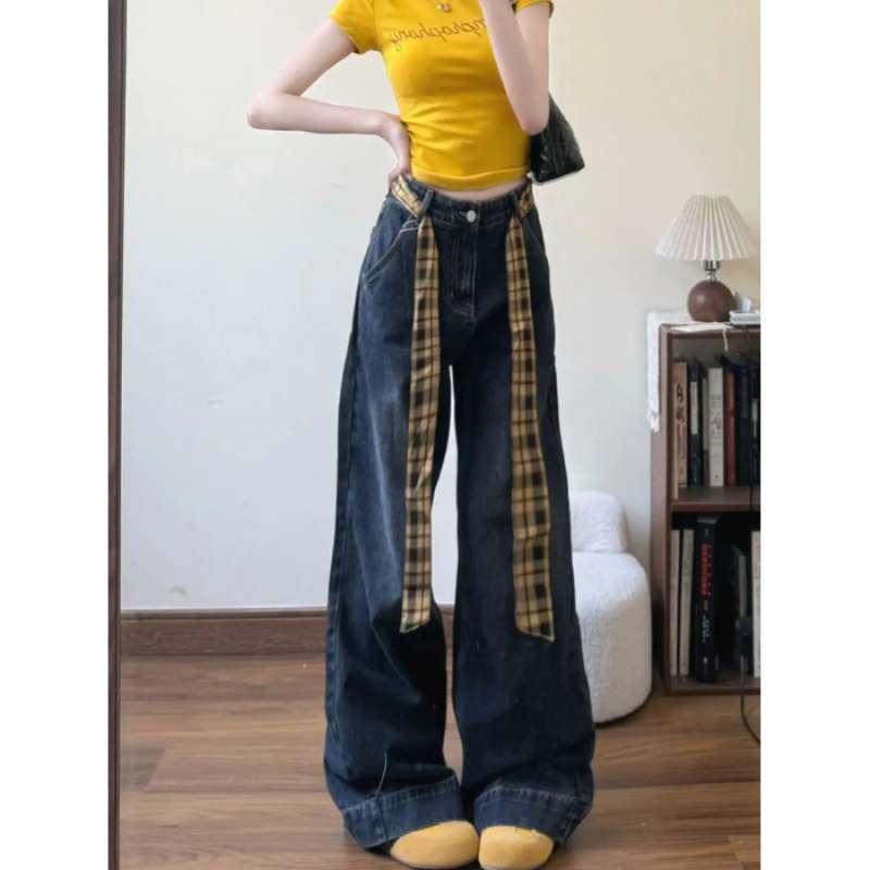 

Plaid Patchwork Wide-Leg Jeans for Women - Retro American Style 2026 Collection XL черный серый
