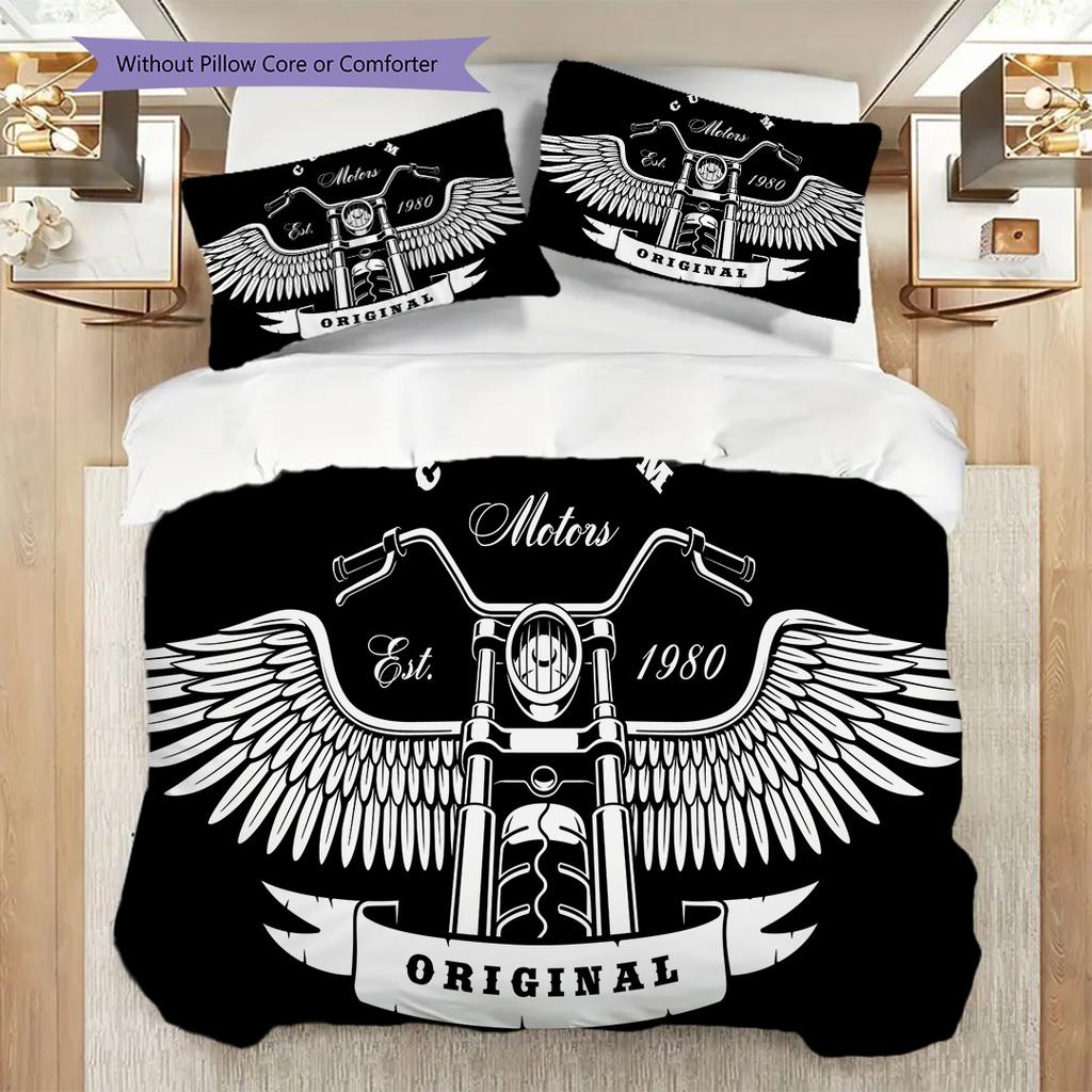 Motorcycle Club Emblem Bedding (1 * Duvet Cover + 2 * Pillowcase, Without Core) 2D Flat Duvet Cover and Pillowcase Bedding Set Soft and Comfortable