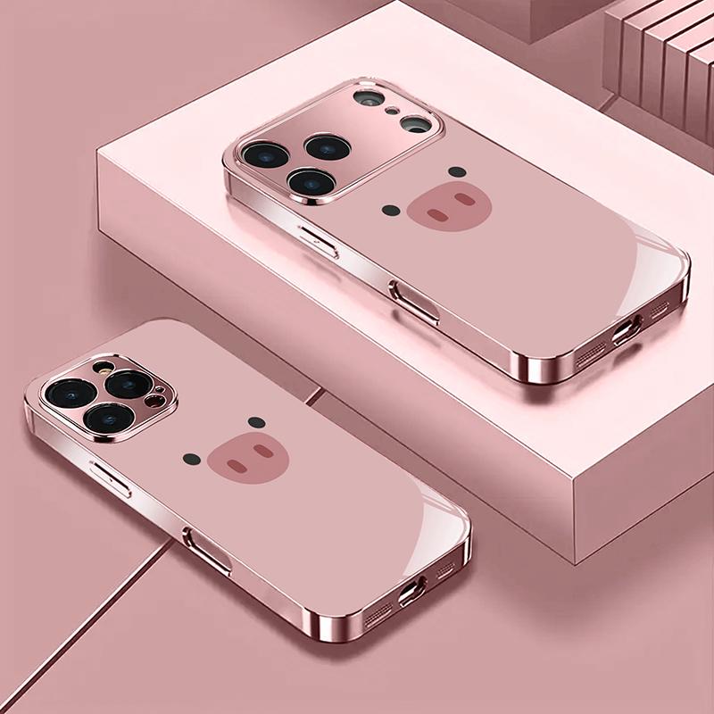 Cute Pink Pig Pattern Metallic Tempered Glass Phone Case For iPhone 17 16 15 14 13 12 11 Pro Max 15 Plus 17 Air 17E Cover