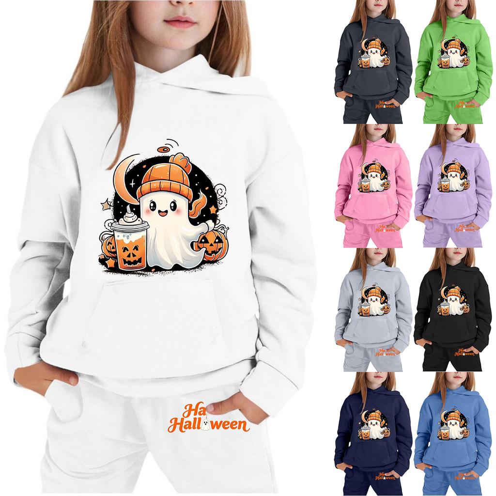 Kids Halloween Hoodie Set Ghost Print Pullover Sweatshirt and Pants Outfit Soft Comfortable Fabric Suitable for Fall and Winter Wear
