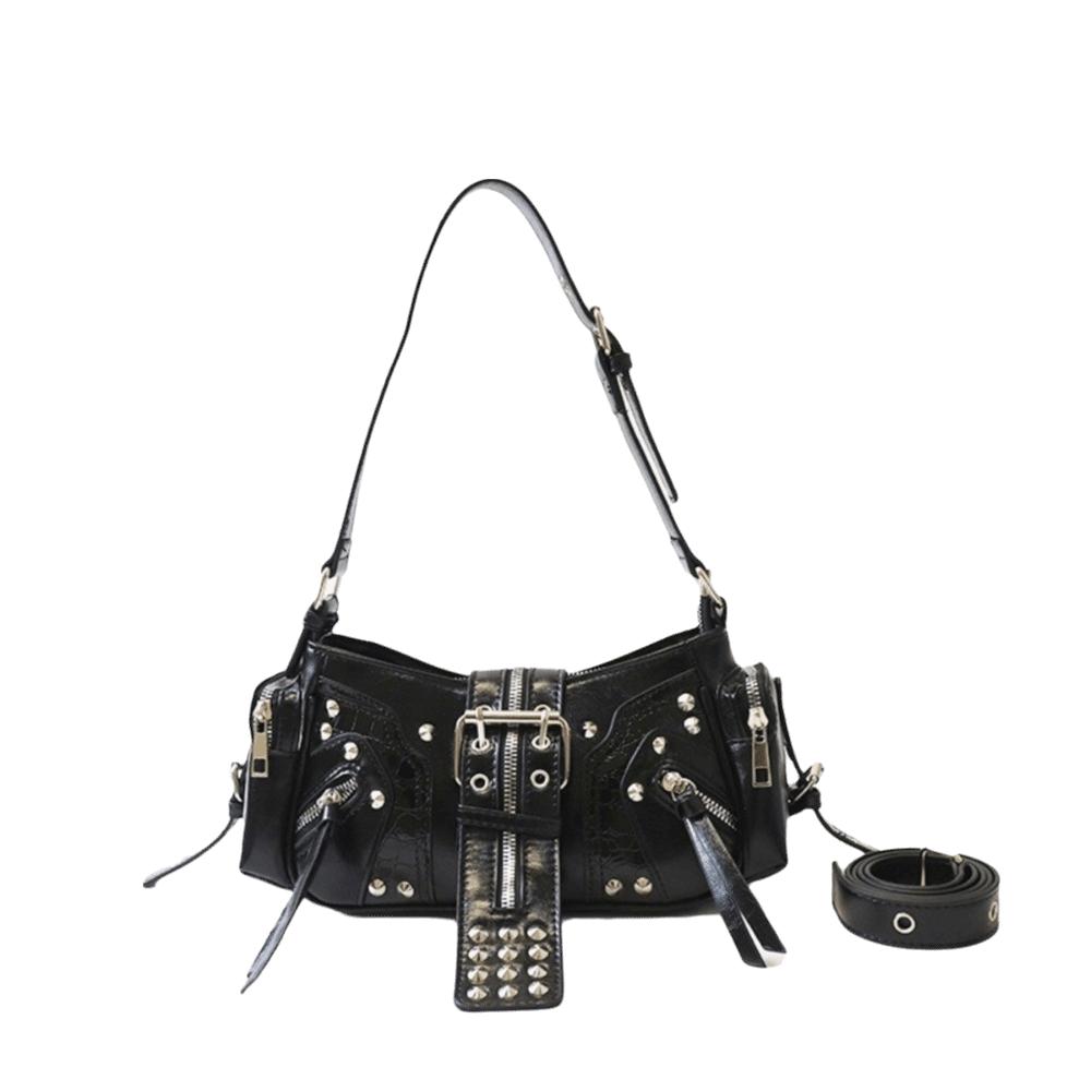 Leopard Print Gothic Rivet Shoulder Bag PU Leather Hobo Handbag Y2k Underarm Bag  Date чёрный