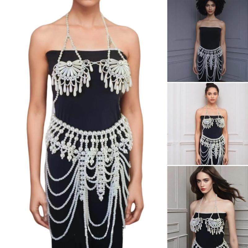 Multi Layered Beaded Tassels Bra Jewelry Set with Alloy Pearls Trendy Body Chain For Rave Beach Party Accessories