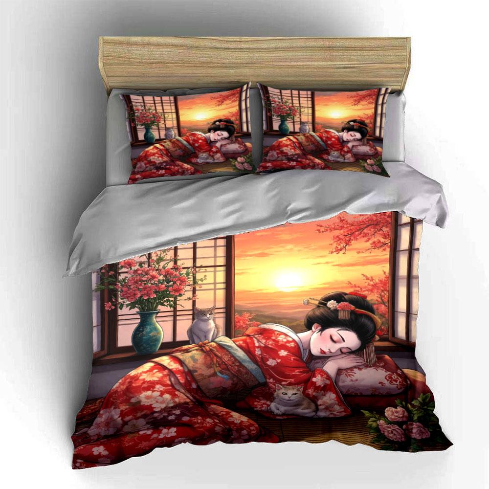 Japanese Ukiyo-e Geisha Two Cats Sunset Window Cherry Blossom Bedding SetVintage Kimono Floral Oriental Print Duvet CoverGift