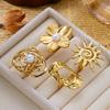 Stainless Steel Vintage Pearl Flower Rings For Women Gold Plated Hollow Rose Irregular Texture Ring Party Wedding Jewelry Gift