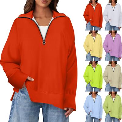 Women's Casual Half Zipper Lapel Solid Color Pullover Tops Side Slits Fashion Clothing