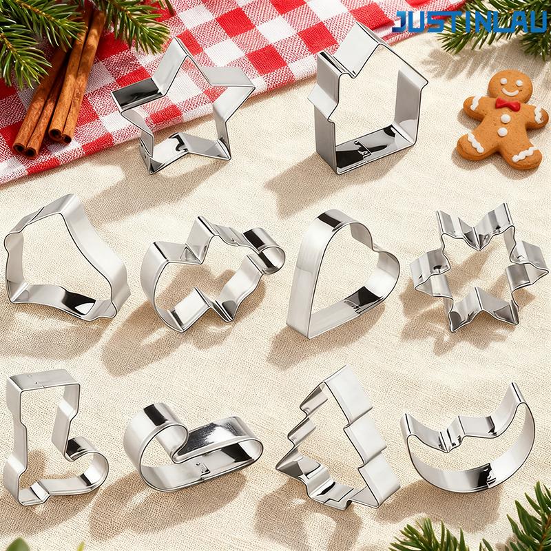JUSTINLAU 10pcs DIY Baking Mold Christmas Cookie Cutter Set Stainless Steel Gingerbread Xmas Tree Fondant for Holiday Party Gift